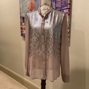 Moda International Silver Taupe Sequin Blouse with Mandarin Collar